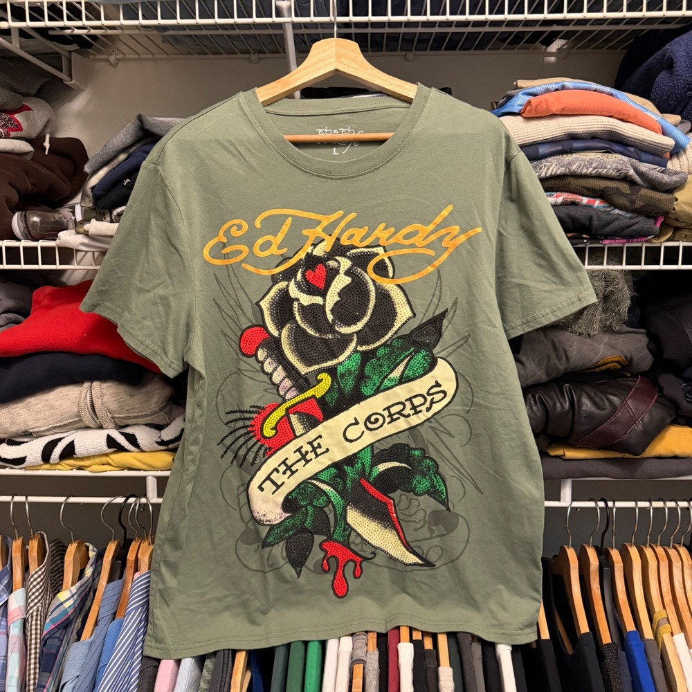 Ed Hardy T-Shirt Men Large Green The Corps Rose Dagger Rhinestone Tattoo Y2K Tee